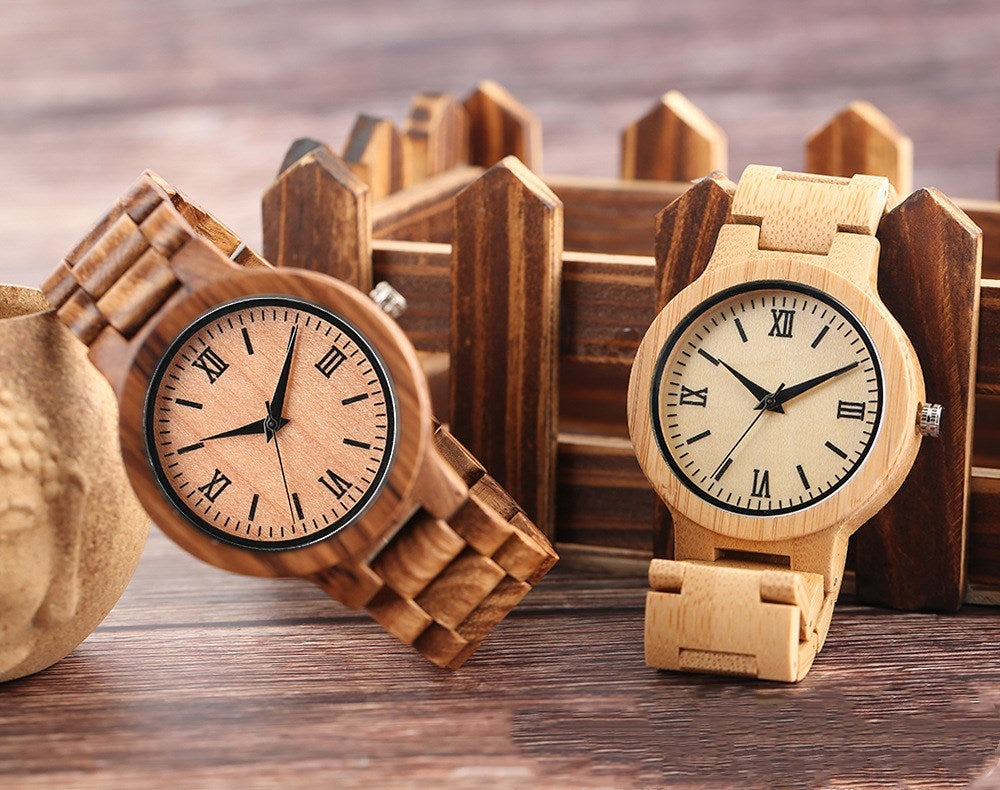 Montre littérale romaine à bracelet en bois de bambou tendance