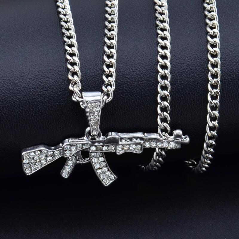 Gothic Gun Pendant Necklace with Rhinestones, Military Style, for Men
