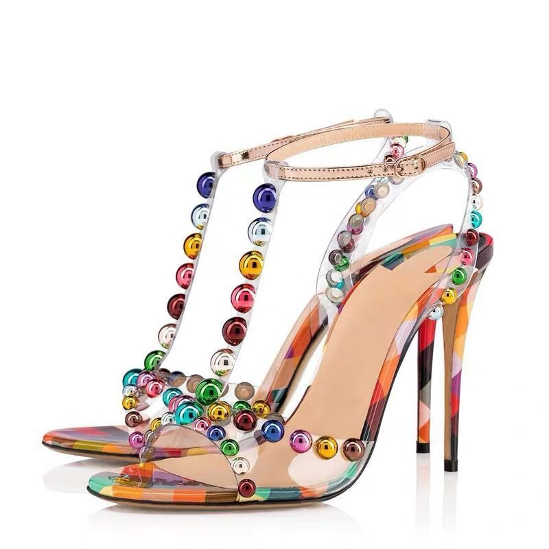Sandales à talons hauts fins en PVC transparent avec perles rondes colorées et bride en T