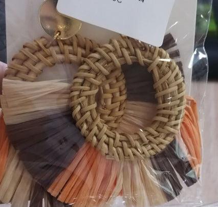 Boucles d'oreilles en raphia et rotin pour femme, nouvelles boucles d'oreilles rondes géométriques colorées en paille - LUXARAH