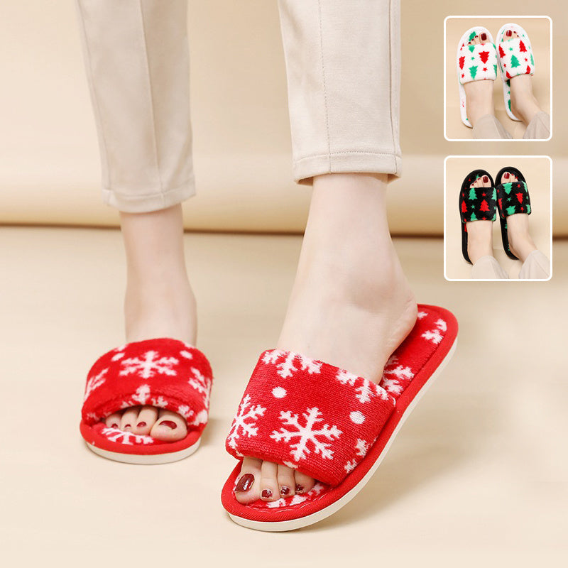 Pantoufles de Noël pour femmes, pantoufles en peluche à bout ouvert, chaussures de maison pelucheuses