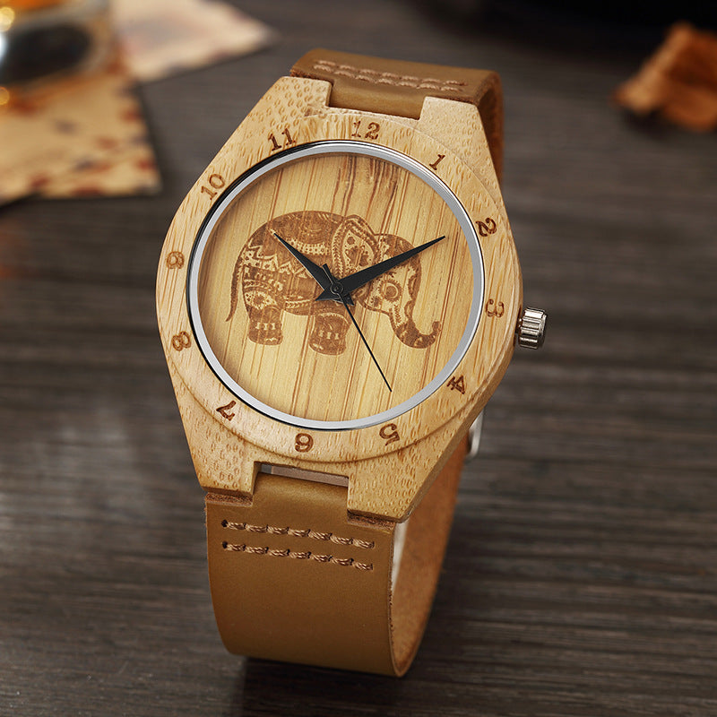 Montre à quartz classique en cuir d'éléphant, rétro, simple, en bois de bambou