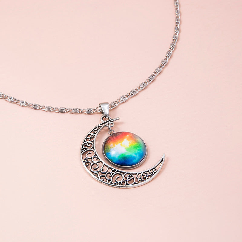 Silver Hollow Moon Galaxy Glass Pendant Necklace for Women