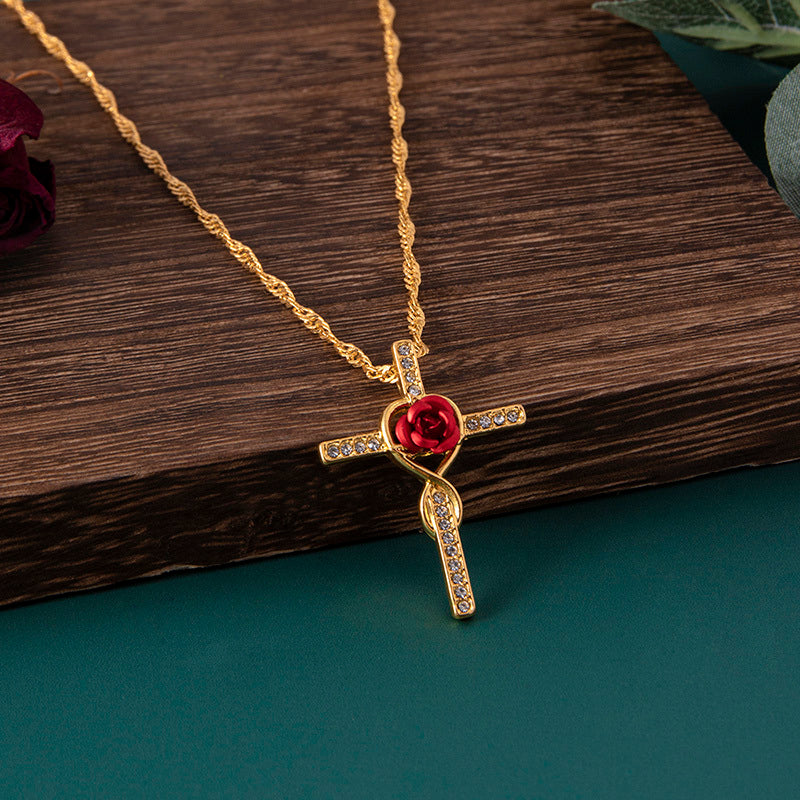 Collar con colgante de cruz de cristal dorado de moda para mujer, joyería religiosa