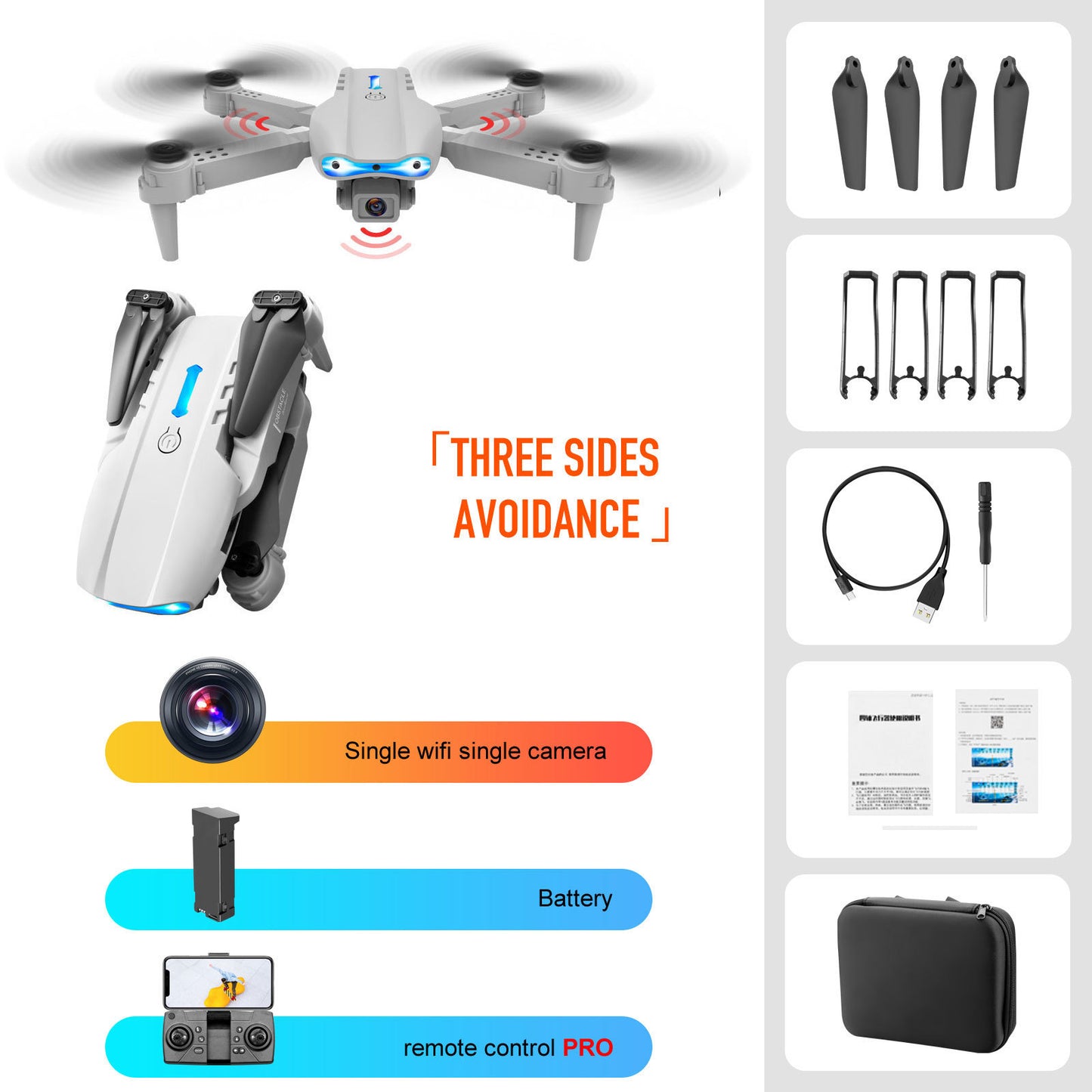 Drone télécommandé à double caméra 4K pour éviter les obstacles sur trois côtés