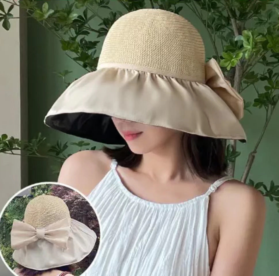 Chapeau de soleil d'été en paille à large bord et grand nœud, chapeau de pêcheur anti-UV, pare-soleil d'extérieur et chapeau de protection du visage