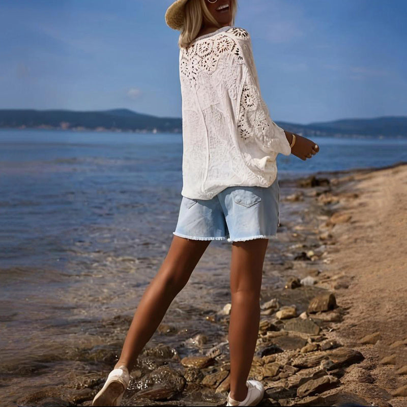 Cardigan boutonné en dentelle à col en V pour femme, semi-transparent, motif géométrique, manches mi-longues, léger, plage, mode printemps-été - LUXARAH