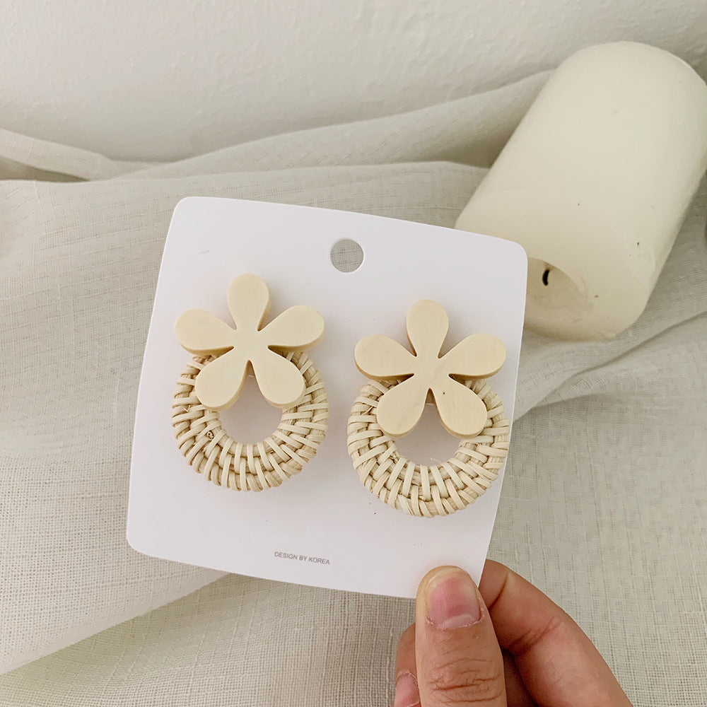 Boucles d'oreilles en rotin avec fleurs, boucles d'oreilles longues tissées au tempérament exagéré - LUXARAH