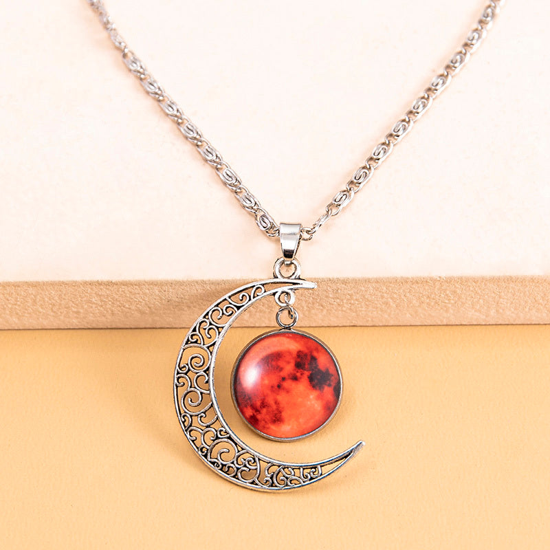 Vintage Luminous Necklace with Handmade Shiny Red Glass Moon Pendant for Women and Girls