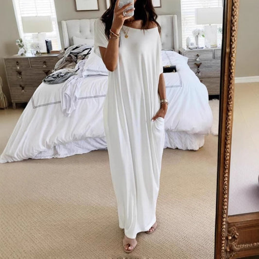 Robe décontractée à manches courtes et à motifs longs pour femme, couleur unie - LUXARAH