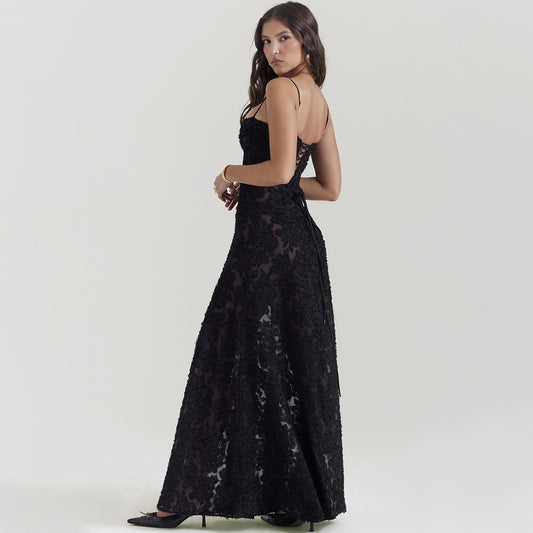 Robe longue en dentelle à bretelles tendance, col bustier, élégante, tenue de soirée - LUXARAH
