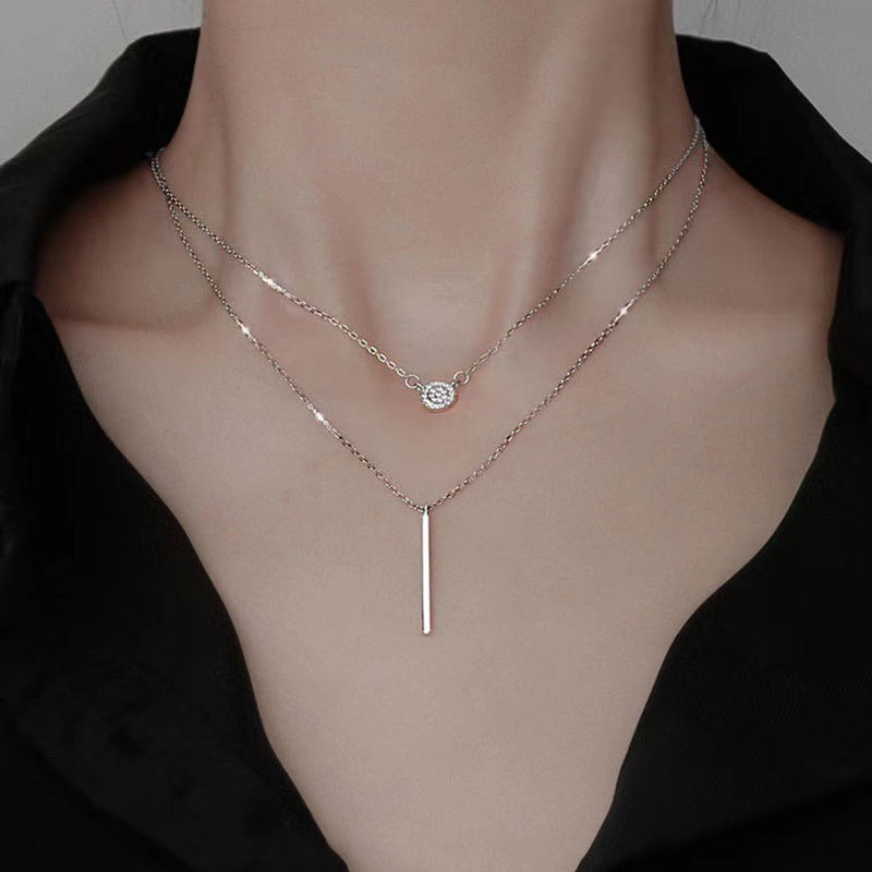 Collar de doble cadena de plata S925 con colgante de circonita micropavé redonda para mujer, joyería de moda.