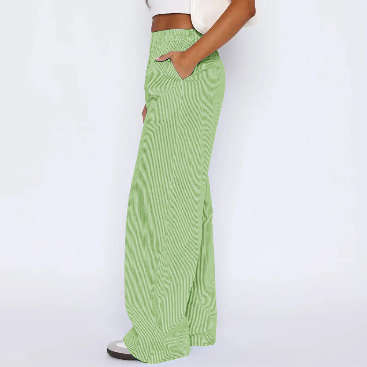 Pantalon rayé avec poches, style décontracté, coupe large et droite, pour femme