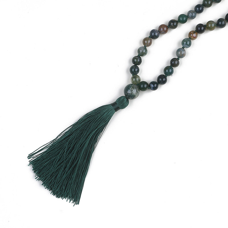 Long Agate Necklace with 108 Simple Tassel Beads for Women