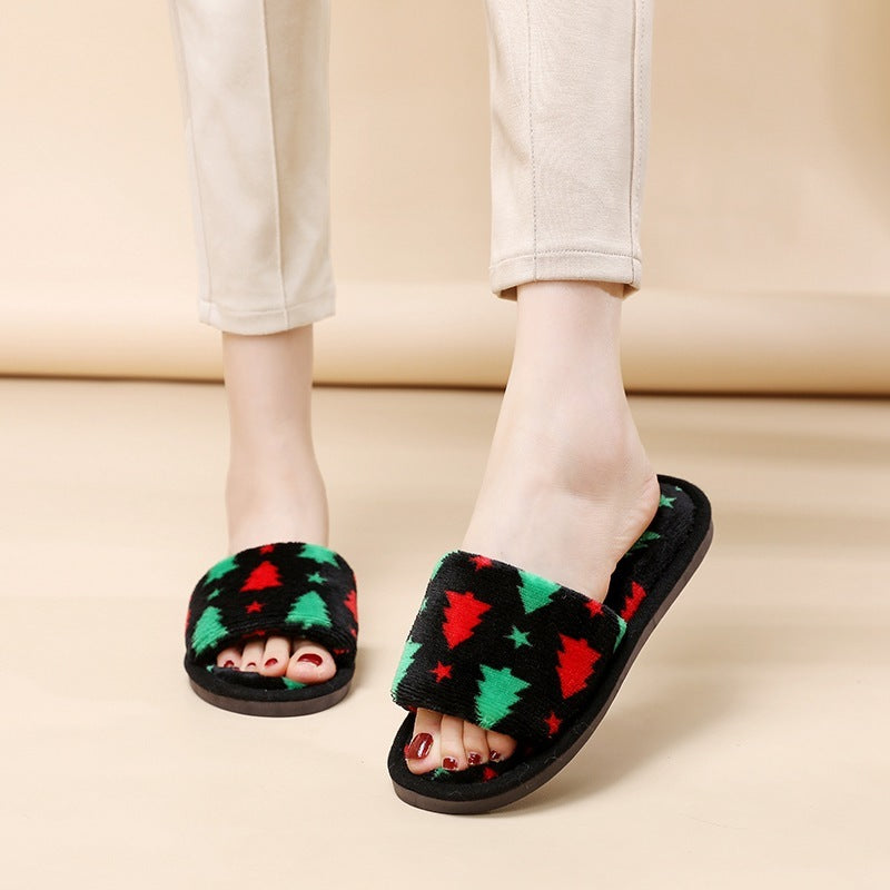 Pantoufles de Noël pour femmes, pantoufles en peluche à bout ouvert, chaussures de maison pelucheuses