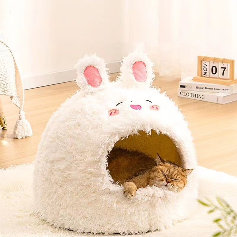 Nid semi-fermé pour chat et chien, nid de couchage chaud pour l'hiver, yourte en peluche, modèles d'animaux mignons en velours pour animaux de compagnie - LUXARAH