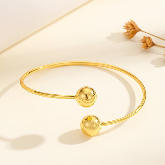 Bracelet ouvert à double perle en or 18 carats plaqué cuivre, au tempérament simple pour femme, idéal pour les cadeaux et le quotidien.