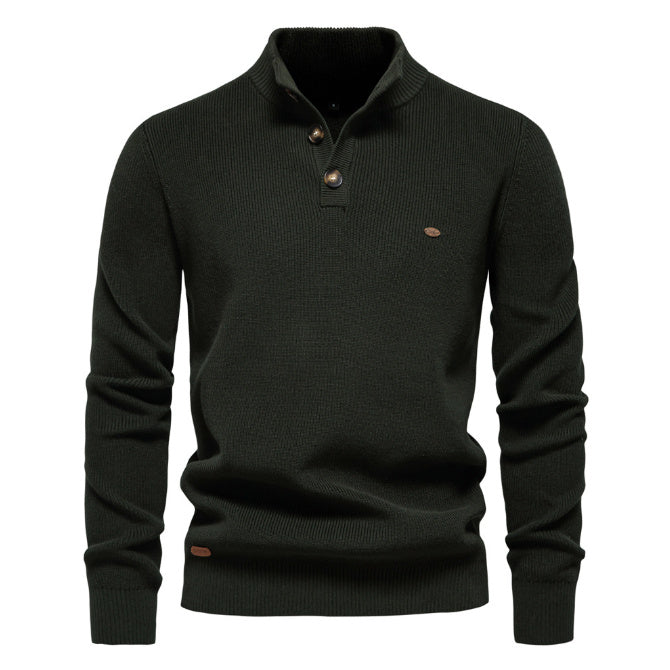 Pull tricoté à col montant et fermeture éclair pour homme, coupe slim, couleur unie, manches longues, demi-col roulé