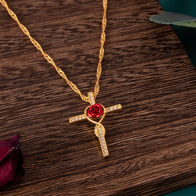 Collar con colgante de cruz de cristal dorado de moda para mujer, joyería religiosa