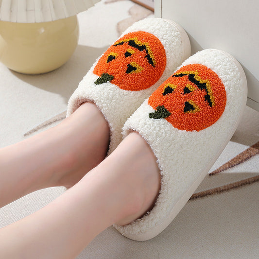 Chaussons d'hiver chauds à motif citrouille pour Halloween, chaussures d'intérieur pour hommes et femmes - LUXARAH