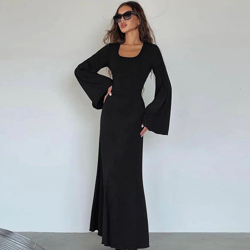 Robe tendance à col en U et lacets dans le dos, manches longues cloche - LUXARAH