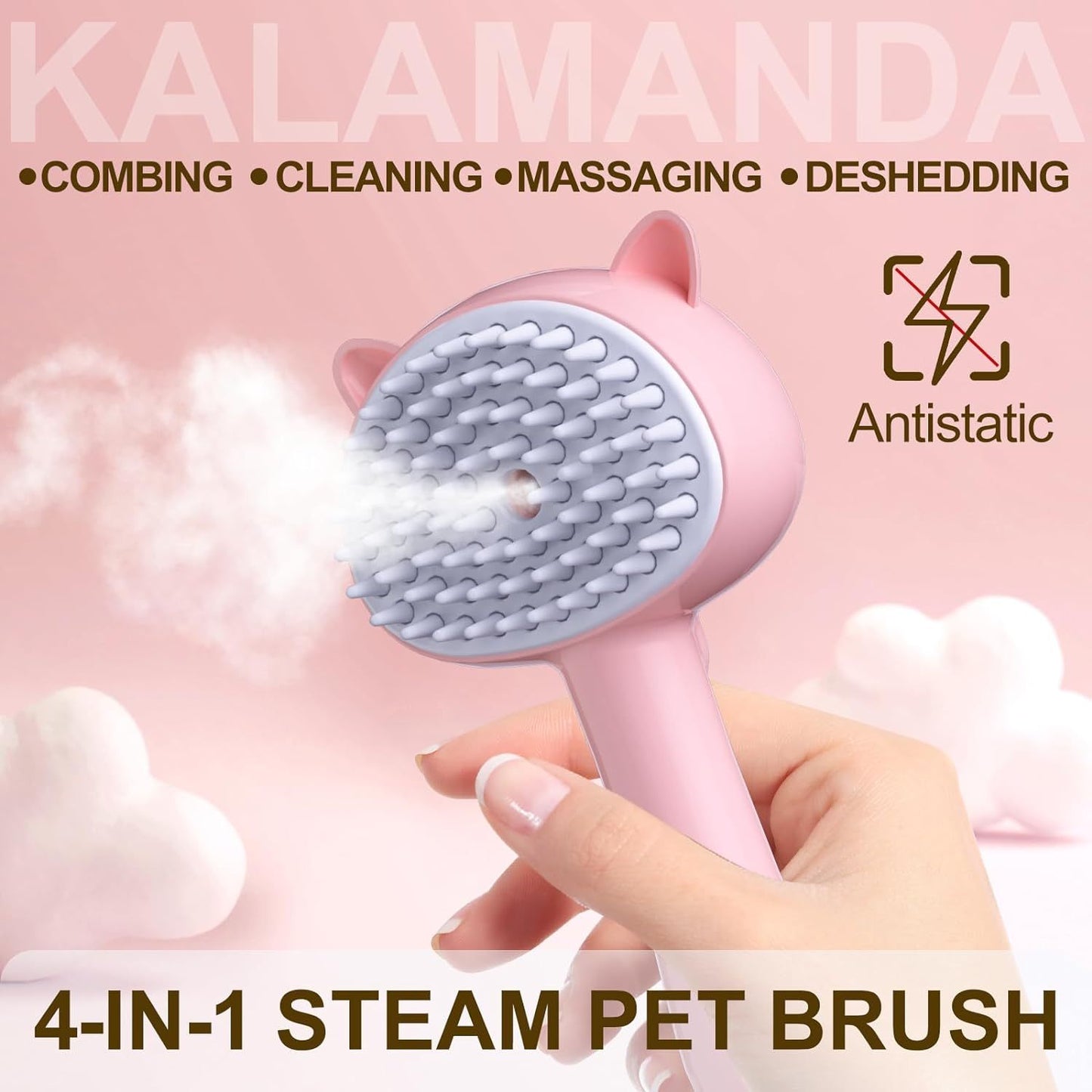 Brosse à vapeur pour chat 4 en 1 avec poignée, brosse brumisateur en caoutchouc pour animaux de compagnie avec bouton de déverrouillage, peigne pour chien avec nettoyant pour chatons d'intérieur et petits animaux - LUXARAH