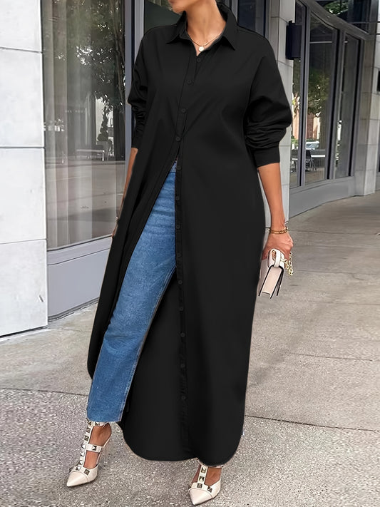 Chemise longue à boutons unis pour femme, vêtement d'extérieur décontracté à manches longues pour le quotidien, vêtements pour femmes toutes saisons, haut - LUXARAH