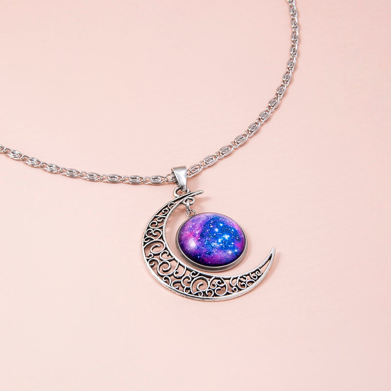 Silver Hollow Moon Galaxy Glass Pendant Necklace for Women