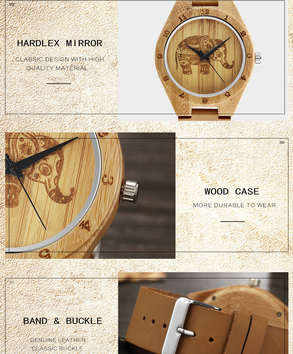 Montre à quartz classique en cuir d'éléphant, rétro, simple, en bois de bambou