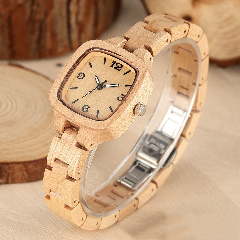 Montre numérique carrée en bois de bambou et or