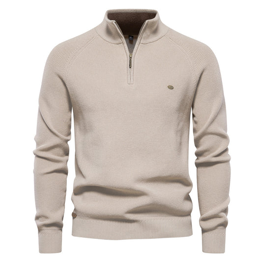 Pull tricoté à col montant et fermeture éclair pour homme, coupe slim, couleur unie, manches longues, demi-col roulé