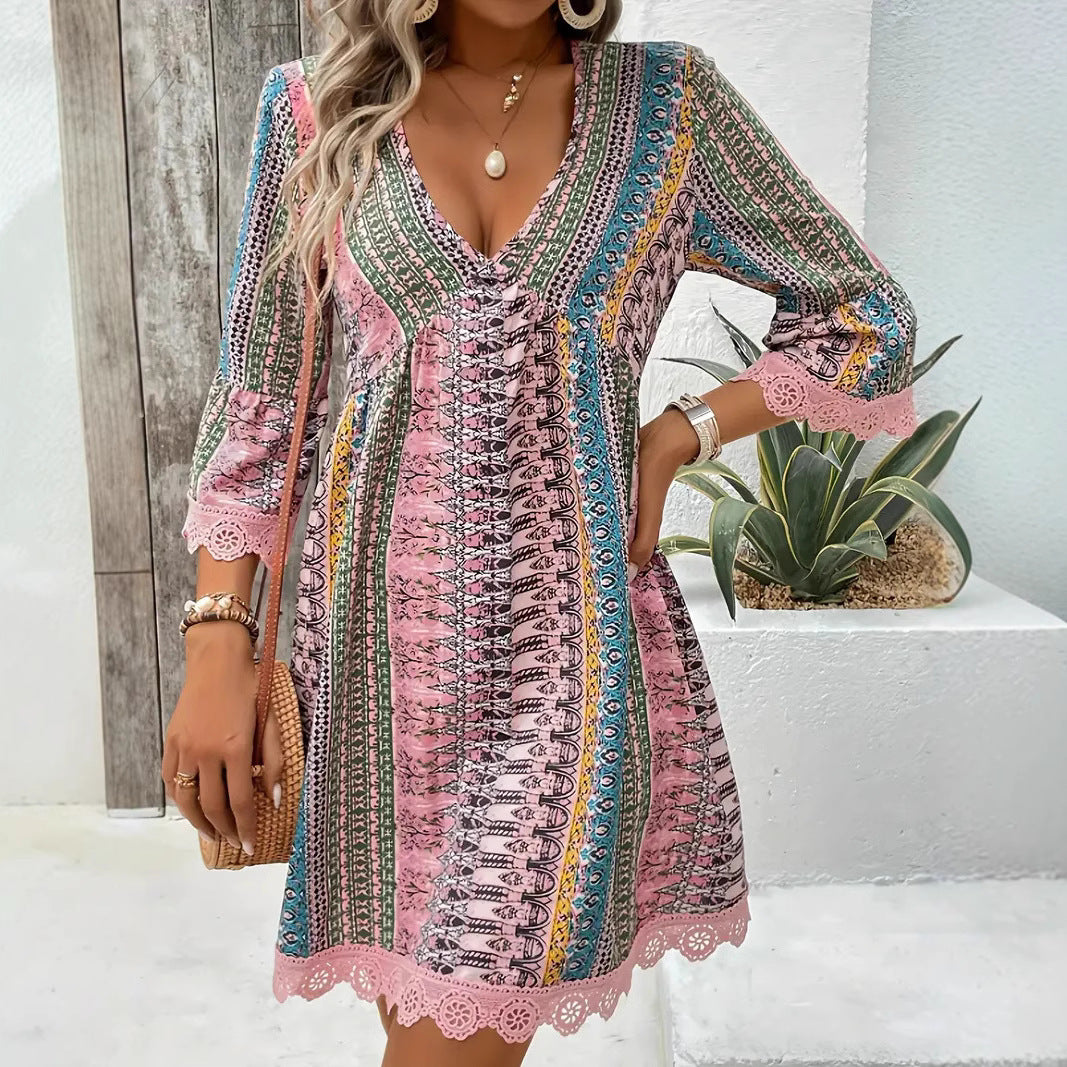Robe imprimée style bohème à col en V, tenue de plage décontractée et ample - LUXARAH