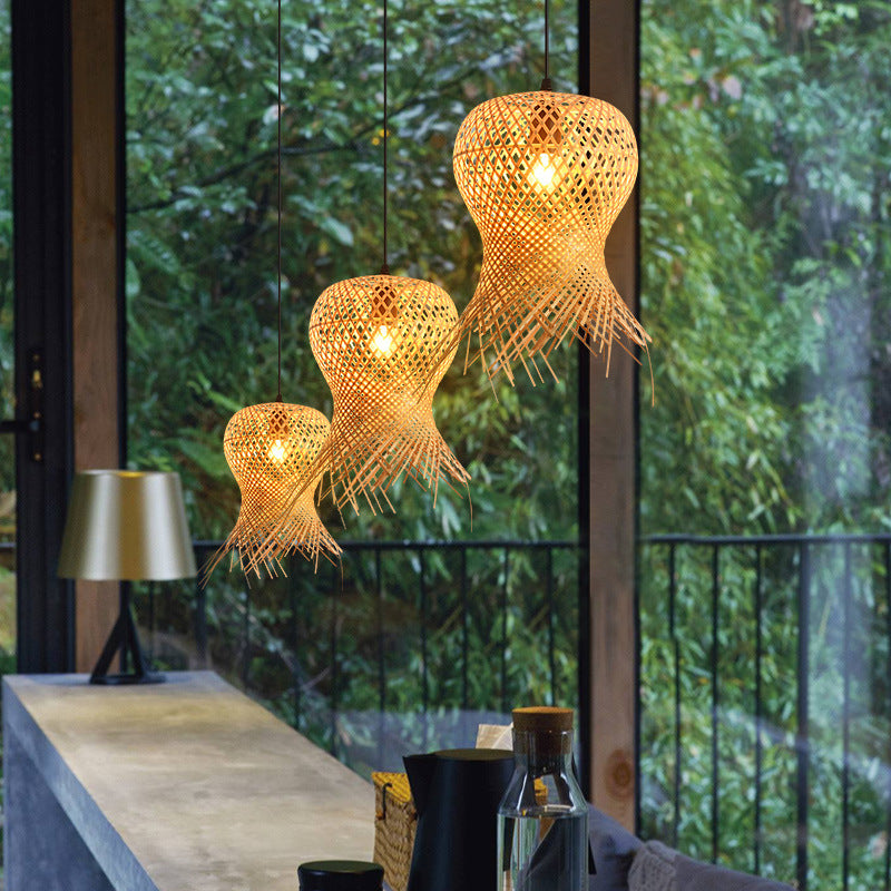 Lustre en bambou tissé pour salon, escaliers, lampe assemblée - LUXARAH