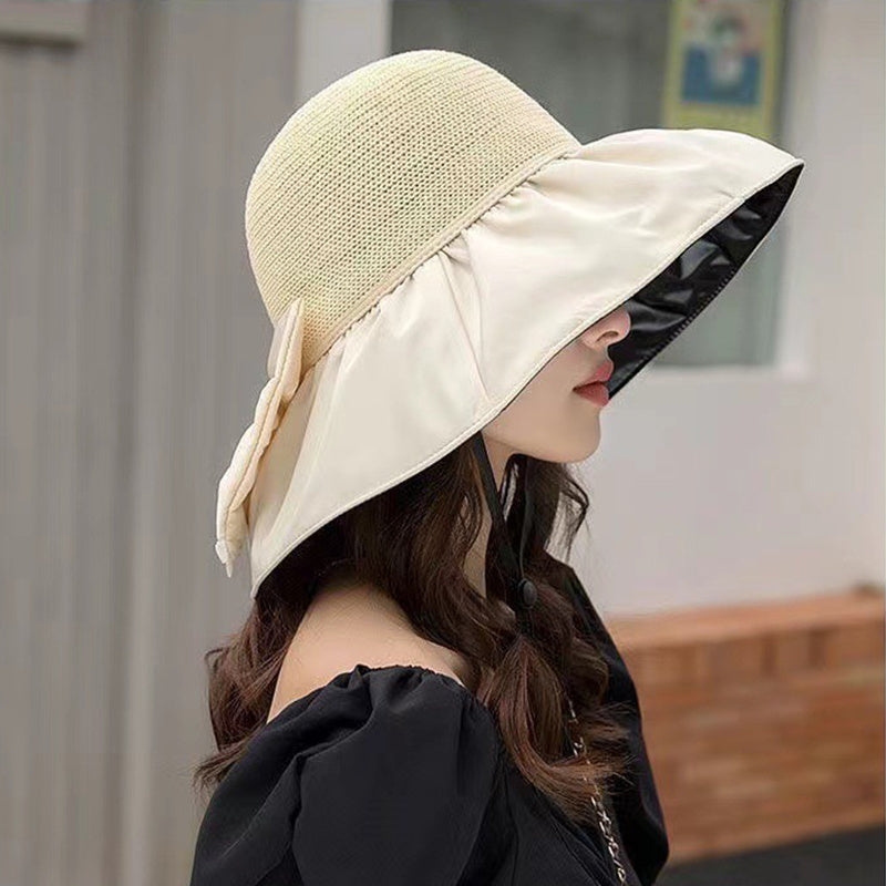 Chapeau de soleil d'été en paille à large bord et grand nœud, chapeau de pêcheur anti-UV, pare-soleil d'extérieur et chapeau de protection du visage