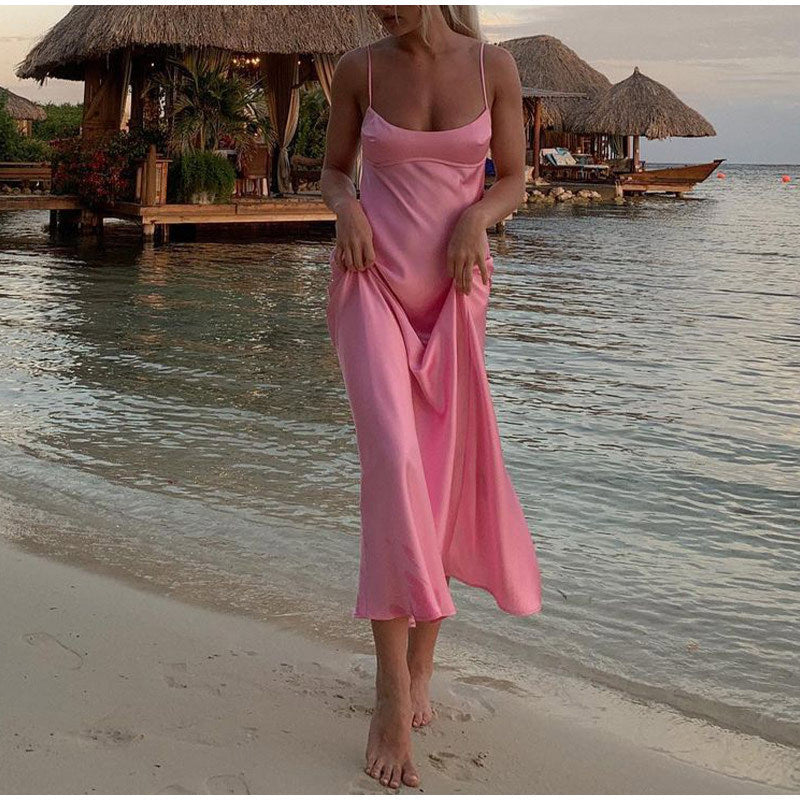 Robe longue en satin, élégante, sans manches, tenue de soirée, de vacances, sexy, décontractée, dos nu - LUXARAH