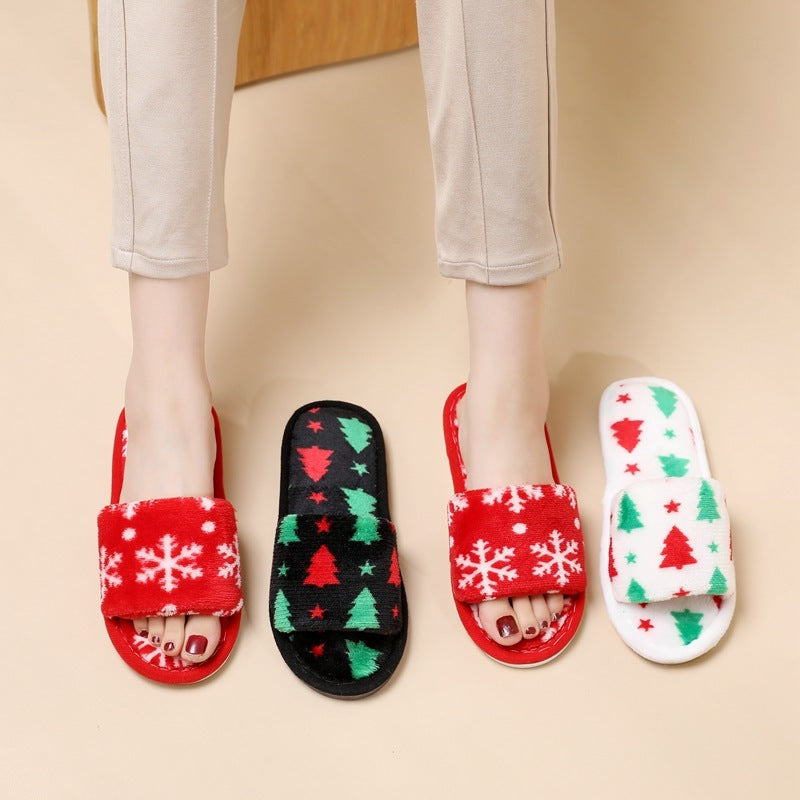 Pantoufles de Noël pour femmes, pantoufles en peluche à bout ouvert, chaussures de maison pelucheuses
