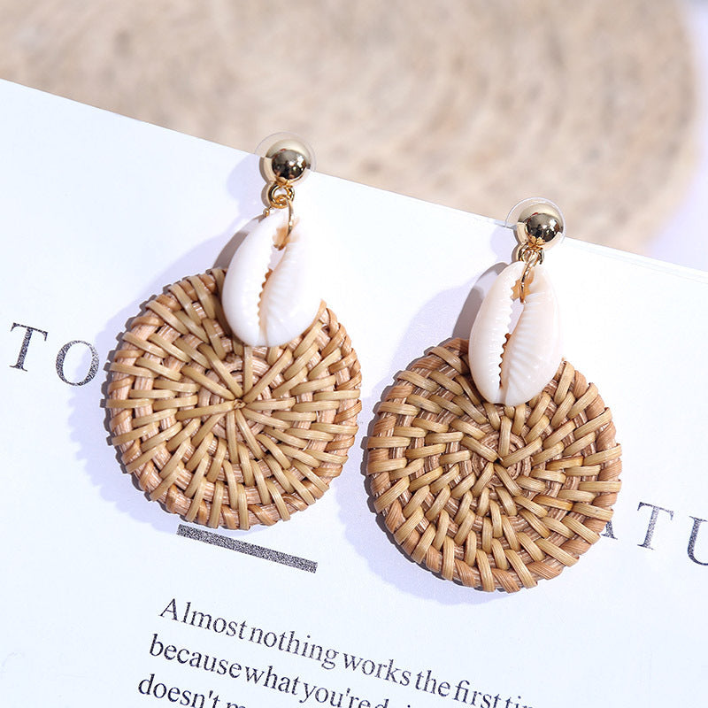 Boucles d'oreilles en rotin tissé à la main, géométriques, européennes et américaines, simples, rondes, rouges, coréennes, bijoux pour femmes. - LUXARAH