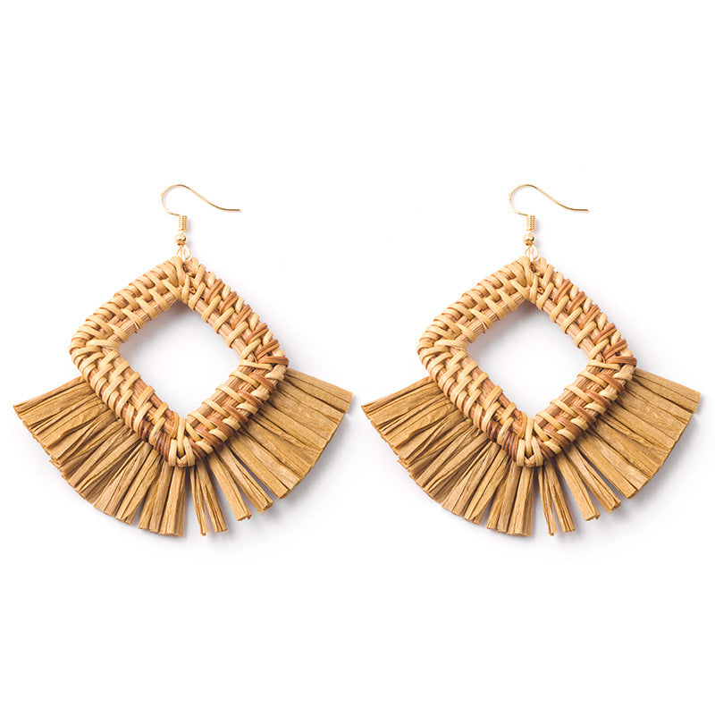 Boucles d'oreilles géométriques en raphia et rotin tissées à la main, style vintage pour femmes - LUXARAH