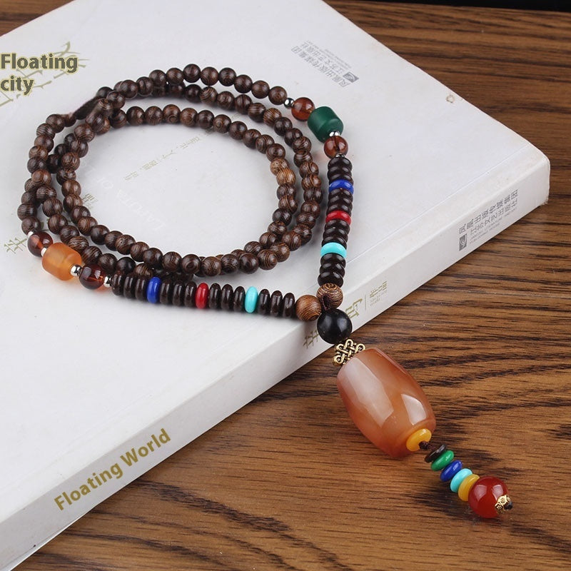 Colliers pour hommes et femmes, chaîne de pull rétro en perles de bois, pendentif Bodhi long - LUXARAH