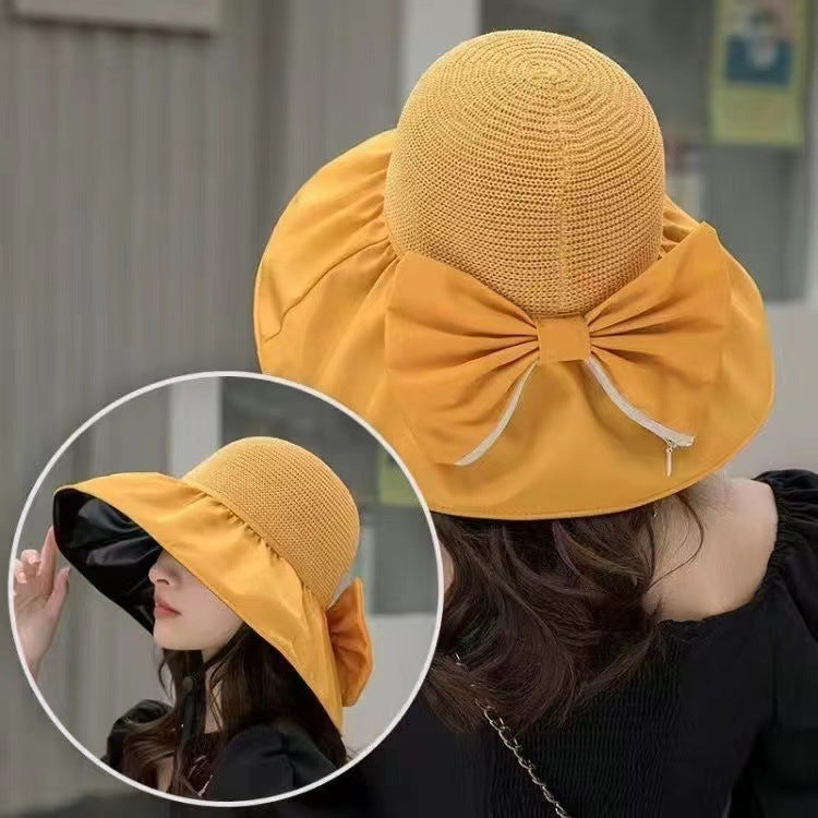 Chapeau de soleil d'été en paille à large bord et grand nœud, chapeau de pêcheur anti-UV, pare-soleil d'extérieur et chapeau de protection du visage