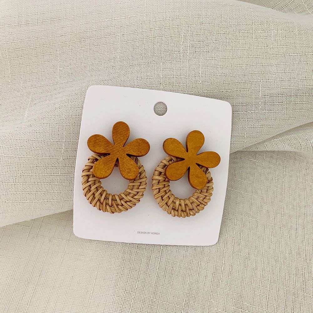 Boucles d'oreilles en rotin avec fleurs, boucles d'oreilles longues tissées au tempérament exagéré - LUXARAH