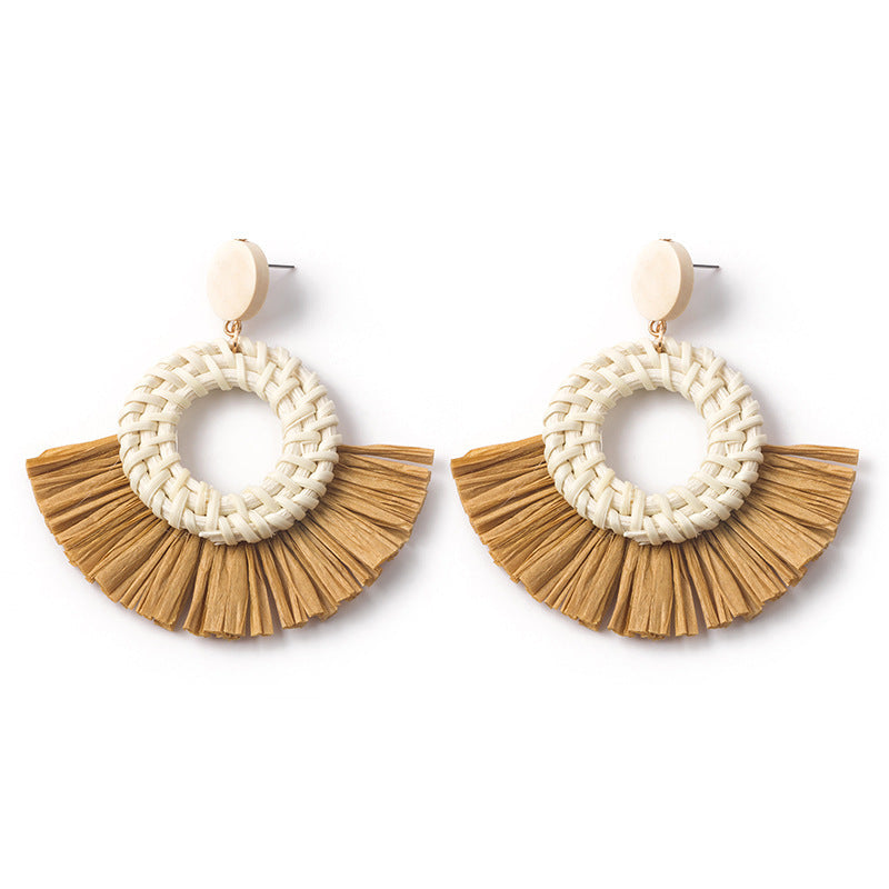 Boucles d'oreilles géométriques en raphia et rotin tissées à la main, style vintage pour femmes - LUXARAH