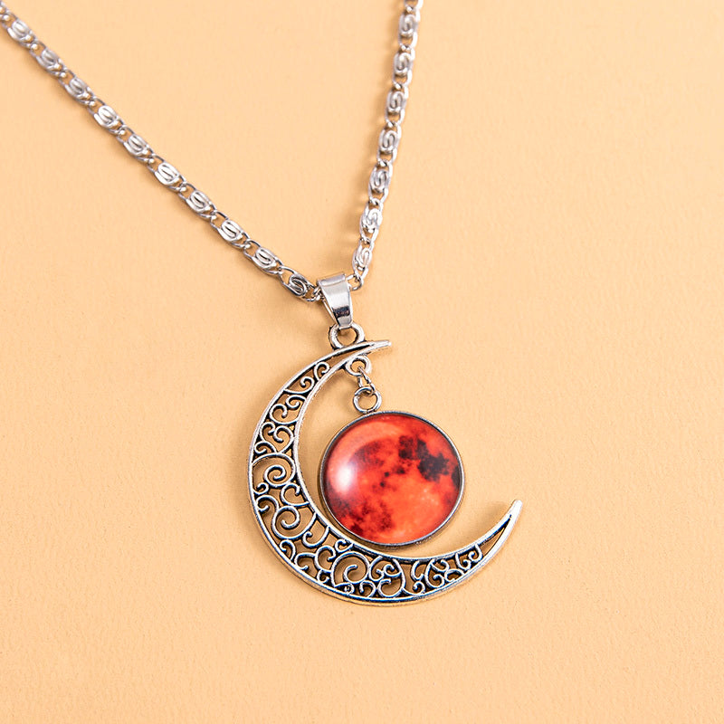 Vintage Luminous Necklace with Handmade Shiny Red Glass Moon Pendant for Women and Girls