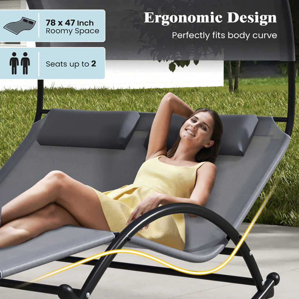 Chaise longue d'extérieur à bascule double pour 2 personnes avec auvent et appuie-têtes amovibles - LUXARAH