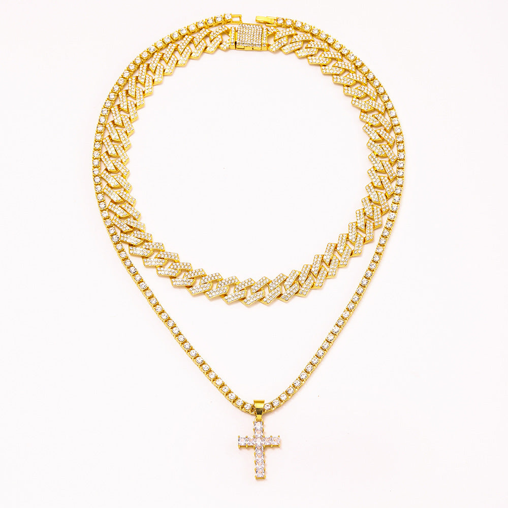 Collar con colgante de cruz de circón estilo hip hop con cadena cubana de Miami y pavé de diamantes de imitación estilo rapero para hombres y mujeres