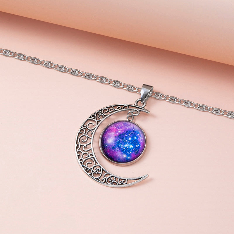 Silver Hollow Moon Galaxy Glass Pendant Necklace for Women