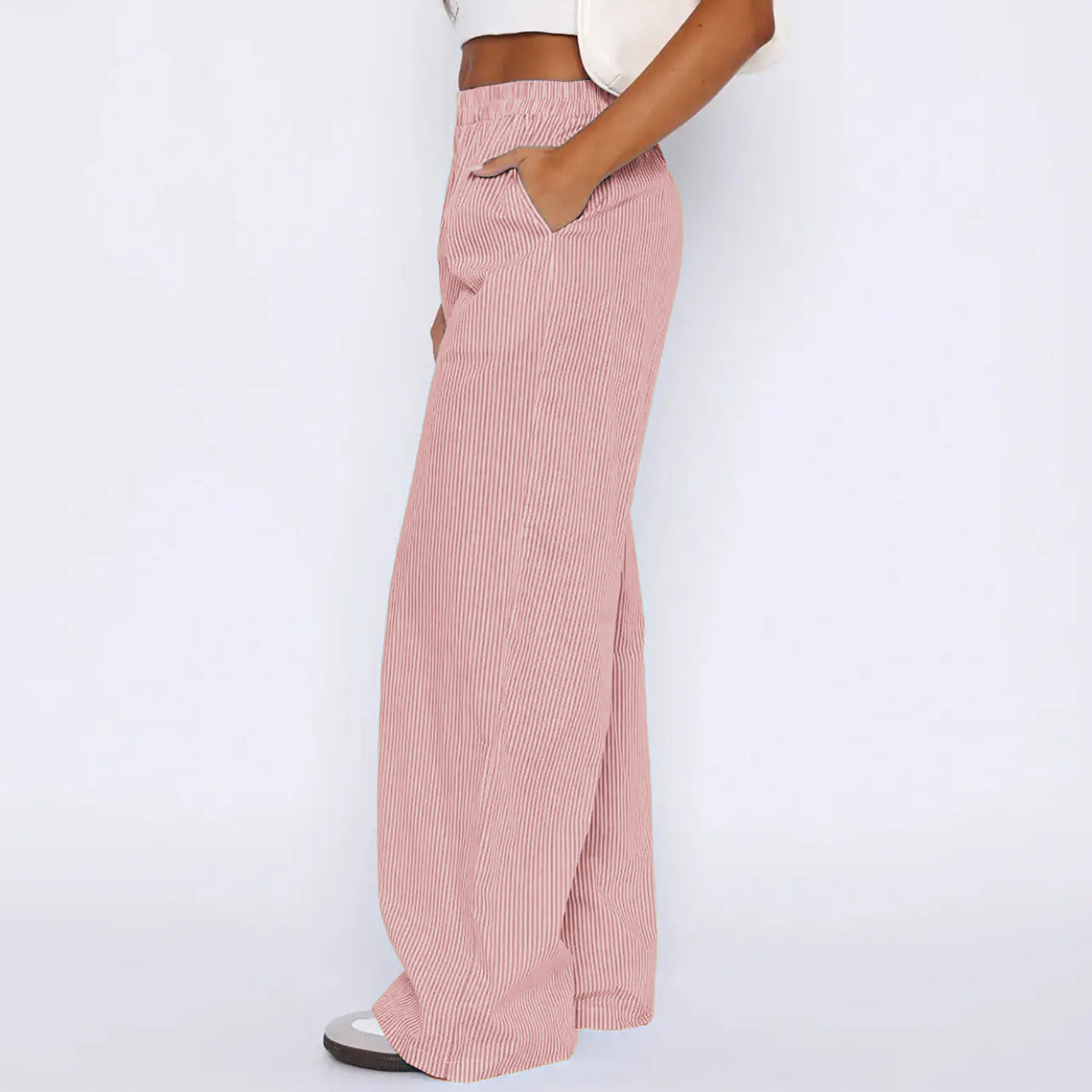 Pantalon rayé avec poches, style décontracté, coupe large et droite, pour femme