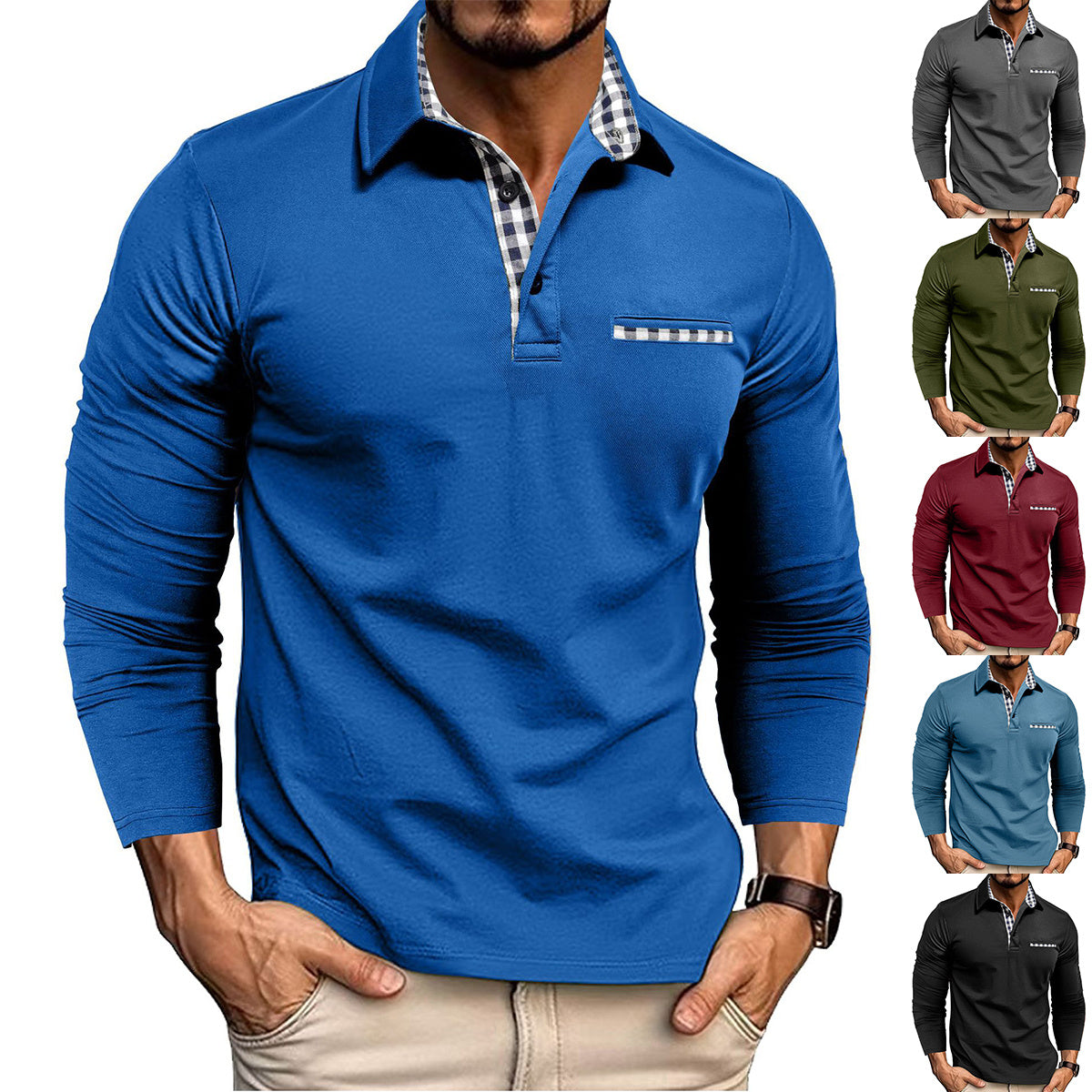 Polo décontracté à carreaux et revers pour homme, haut à manches longues, couleur unie, tendance