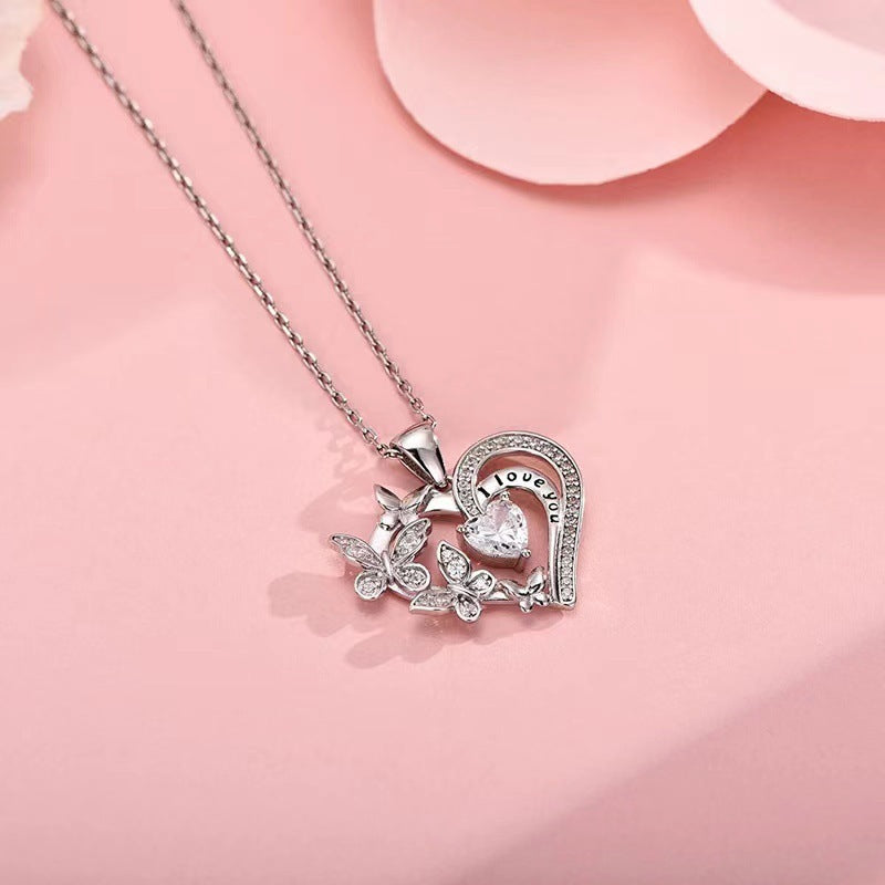Collier papillon avec strass, pendentif en forme de cœur creux, chaîne de clavicule, pour la Saint-Valentin