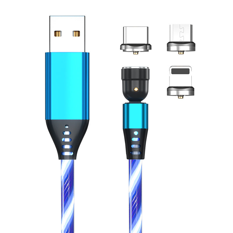 Câble magnétique lumineux rotatif 540° 3A pour recharge rapide de téléphone portable, compatible avec LED, micro USB type C, pour iPhone